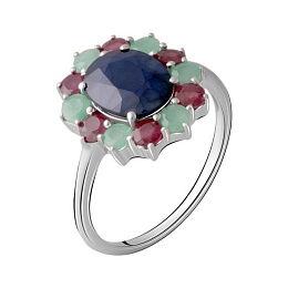 Серебряное кольцо с сапфиром 5.58ct, изумрудом, рубином