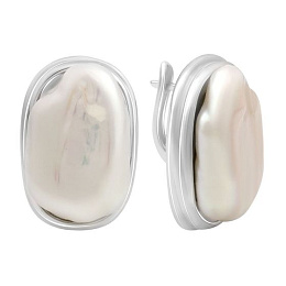 Серебряные серьги с жемчугом барочным, фианитами