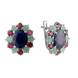 Silver earrings with a 11.277-carat sapphire, an emerald, and a ruby