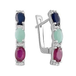 Серебряные серьги с сапфиром 3.704ct, изумрудом, рубином