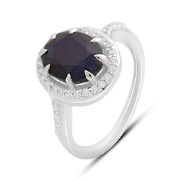 Sterling silver ring with 3.81ct sapphire, pave diamonds
