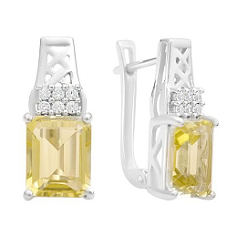 Silver earrings with green quartz, fianites