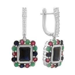 Silver earrings with sapphire 4.05ct, emerald, ruby