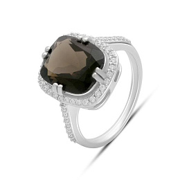 Silver ring with rauchtopaz (smoky quartz) 5.457ct, phianites