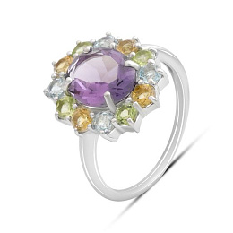 Серебряное кольцо с аметистом 3.558ct, цитрином, хризолітом, топазом